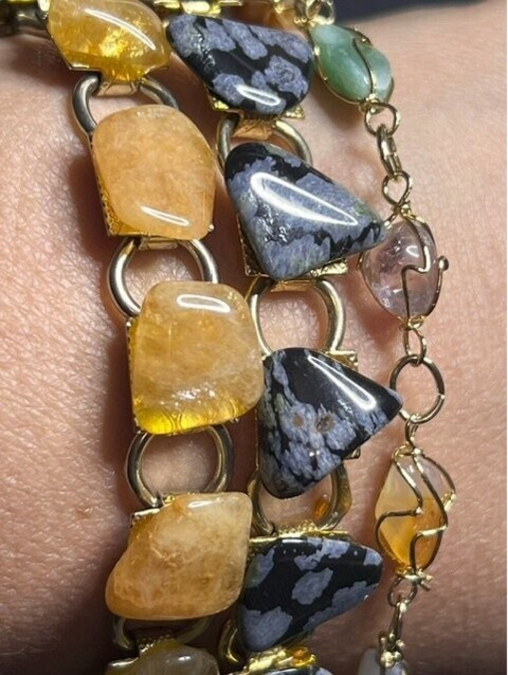 B6267 Natural Stone Link Bracelets Set Citrine Snowflake Obsidian 7.5"-9"